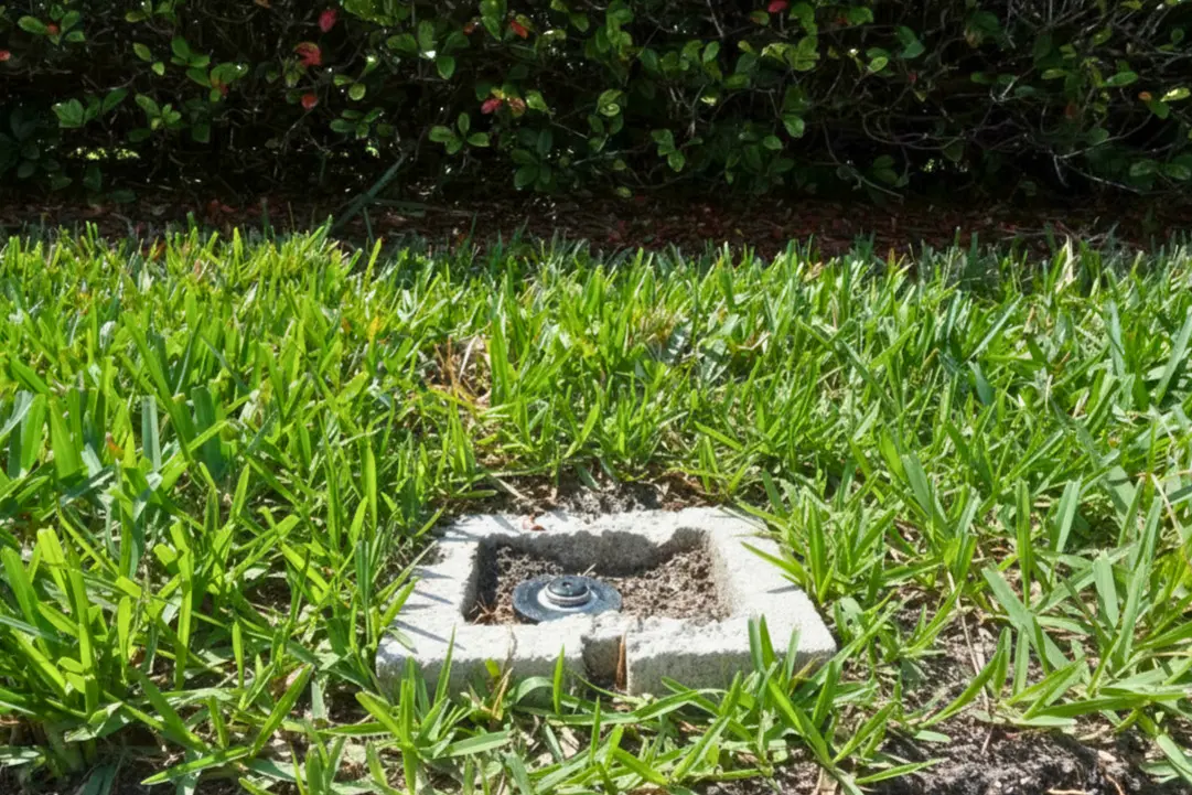 Irrigation valve box set in a commercial lawn beside a trimmed hedge on a WaterCare job site