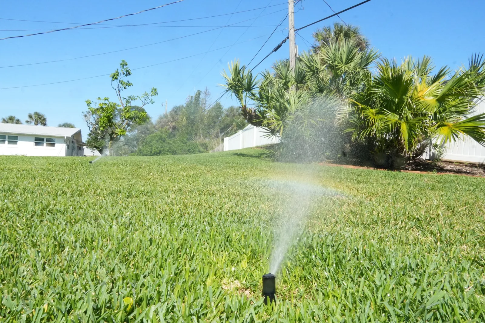 Residential irrigation zone running across a lush Northeast Florida lawn with palms and a white fence