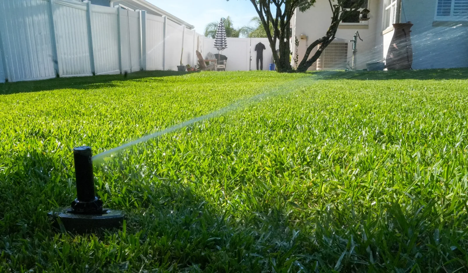 Pop-up sprinkler head watering a residential lawn toward a white fence and patio