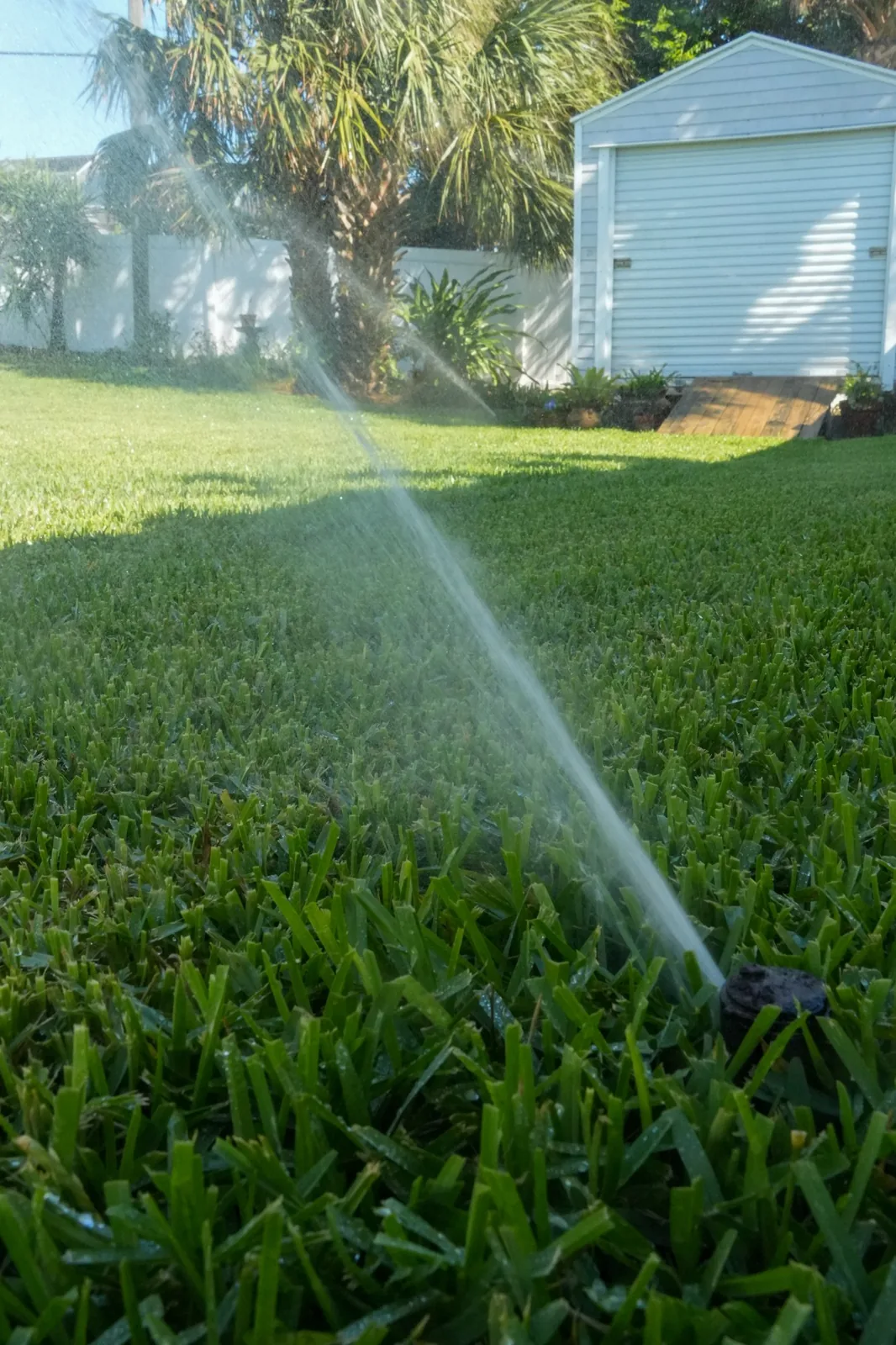 Pop-up sprinkler head spraying across a green backyard lawn toward a palm tree and white shed