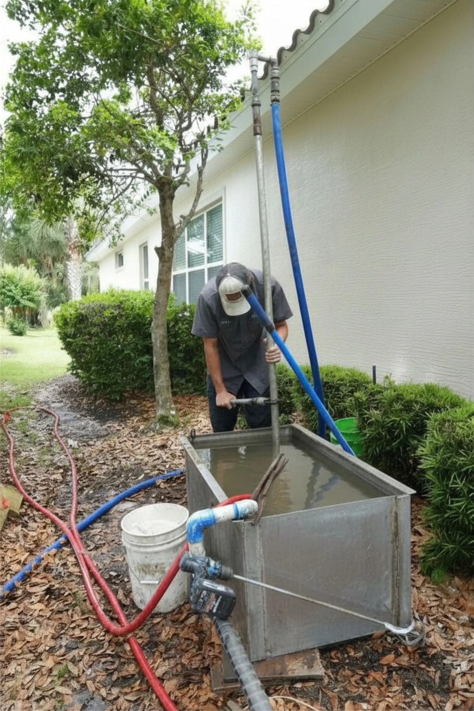 WaterCare technician handling drill pipe at the mud tank during shallow well drilling